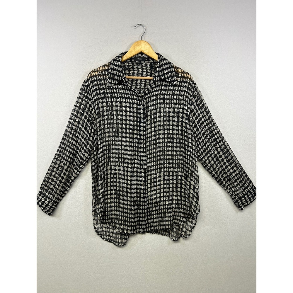 Dark Academia Theory Womens Medium Black White Broken Oval Silk Burnout Blouse